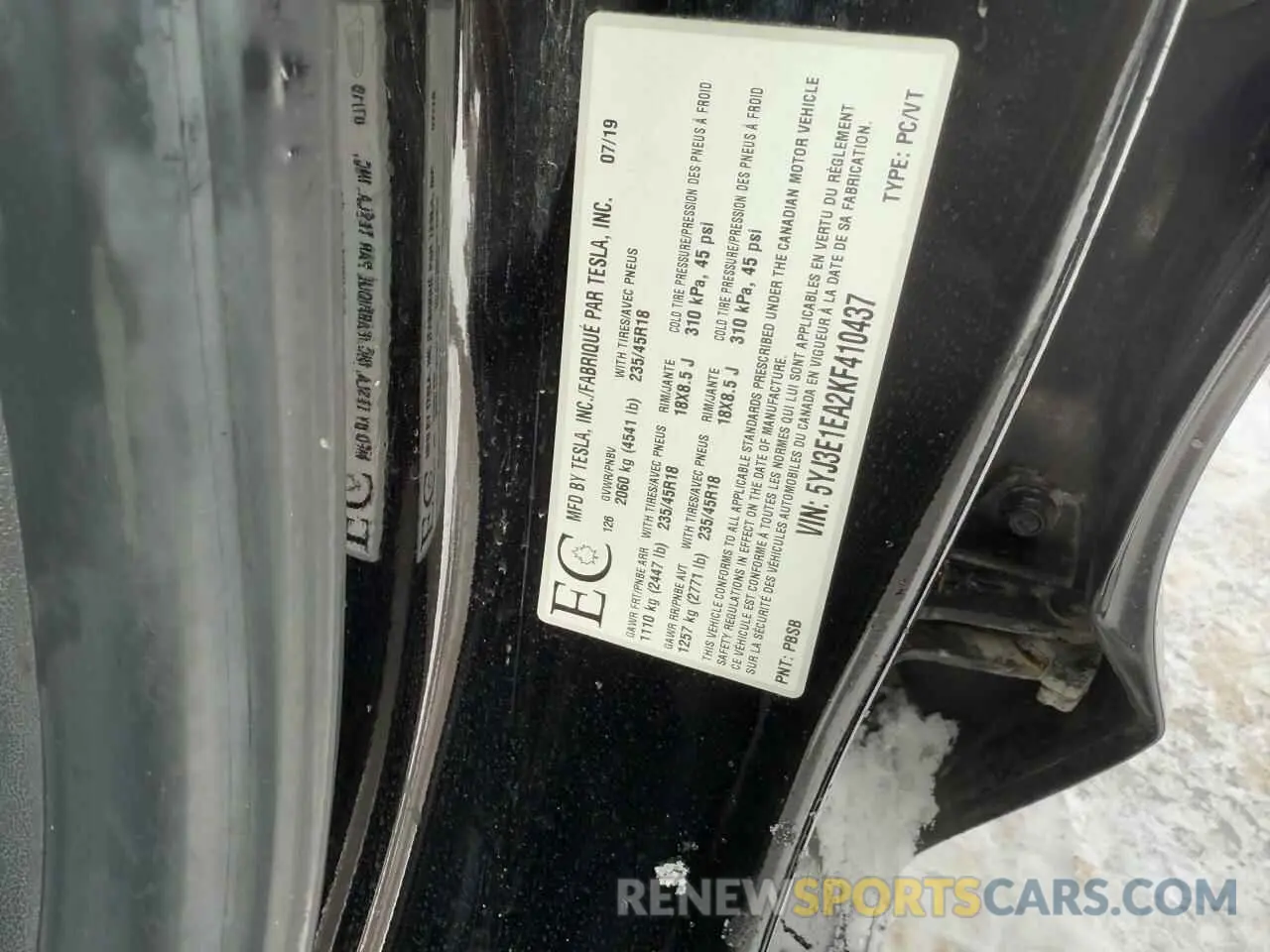 10 fotografías del automóvil dañado 5YJ3E1EA2KF410437 TESLA MODEL 3 2019