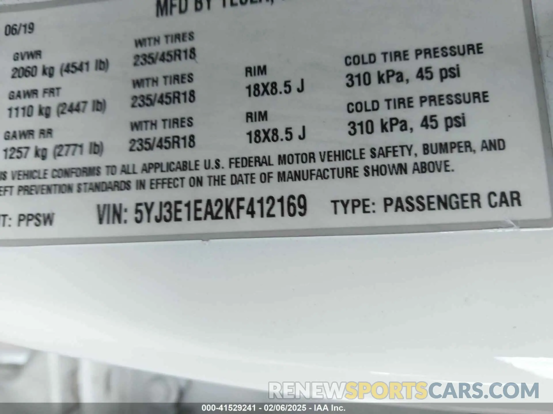 9 fotografías del automóvil dañado 5YJ3E1EA2KF412169 TESLA MODEL 3 2019