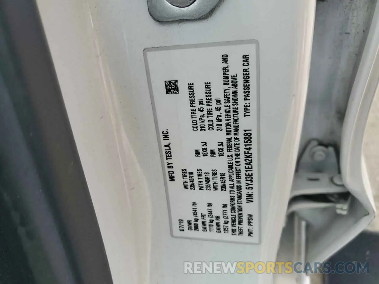 14 fotografías del automóvil dañado 5YJ3E1EA2KF415881 TESLA MODEL 3 2019