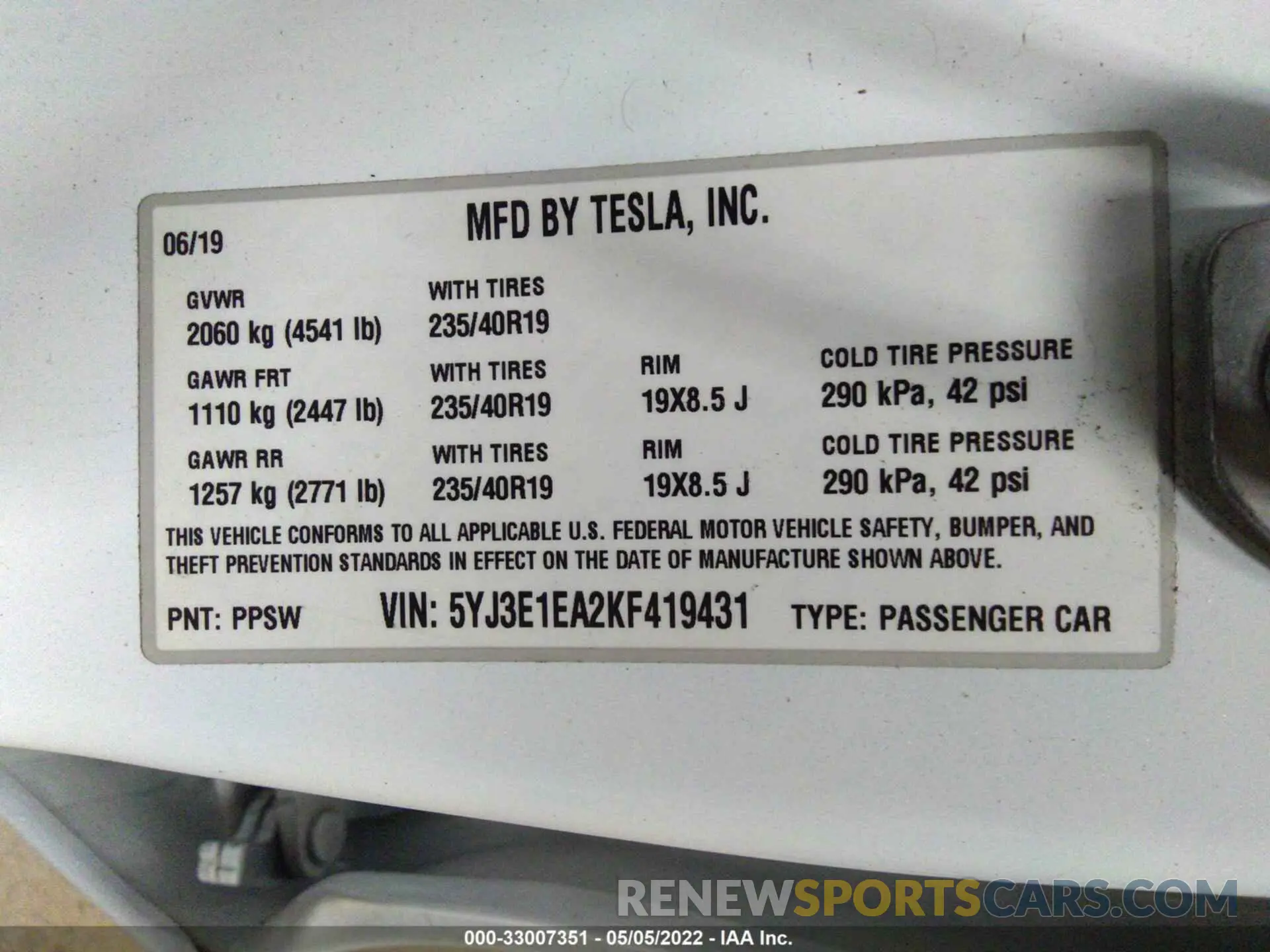 9 fotografías del automóvil dañado 5YJ3E1EA2KF419431 TESLA MODEL 3 2019