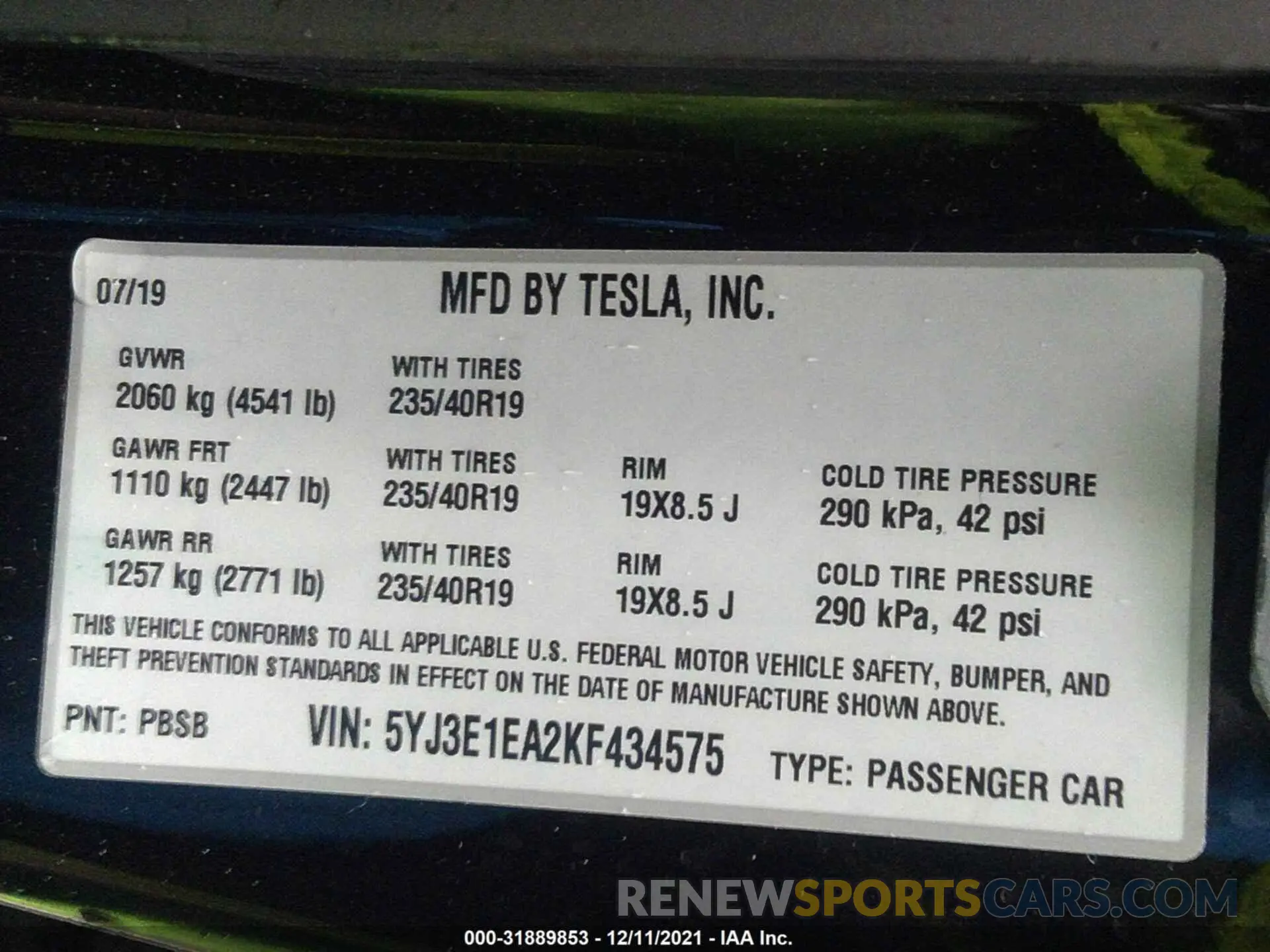 9 fotografías del automóvil dañado 5YJ3E1EA2KF434575 TESLA MODEL 3 2019