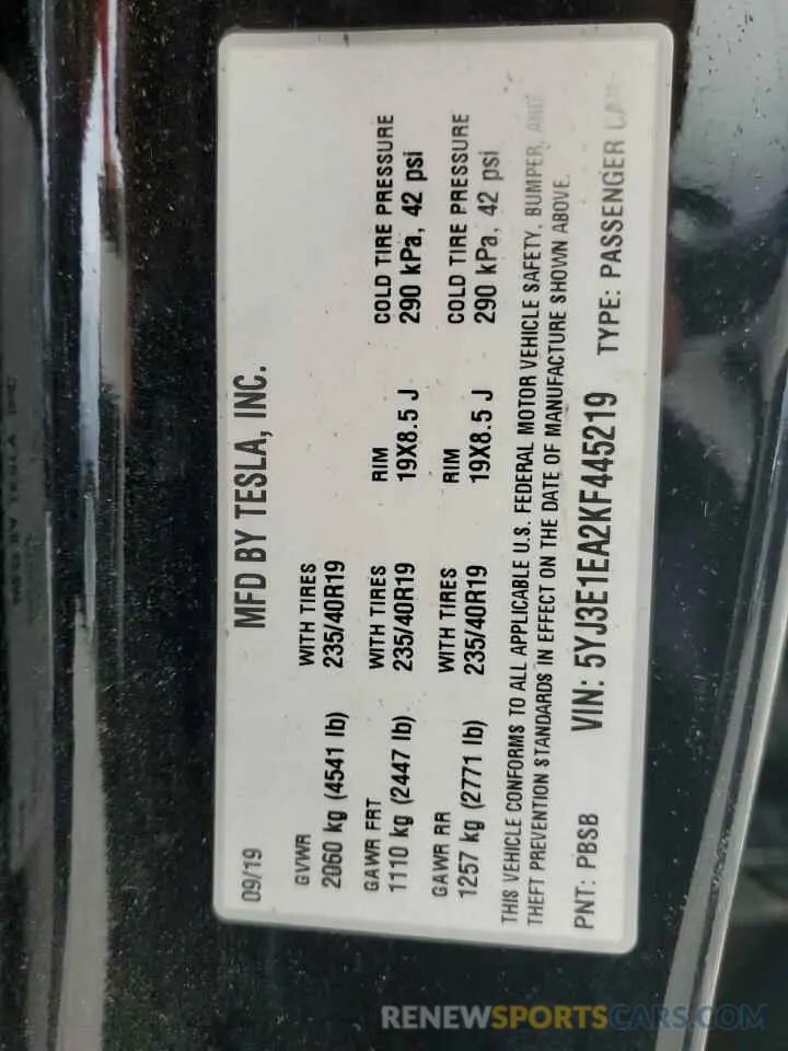 13 fotografías del automóvil dañado 5YJ3E1EA2KF445219 TESLA MODEL 3 2019