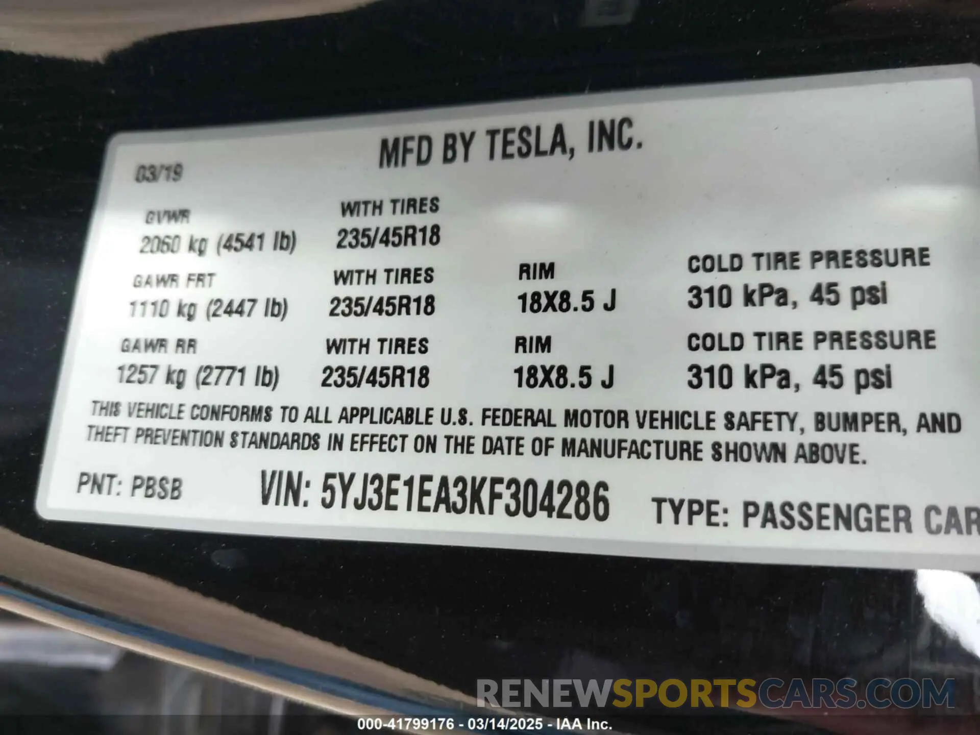 9 fotografías del automóvil dañado 5YJ3E1EA3KF304286 TESLA MODEL 3 2019