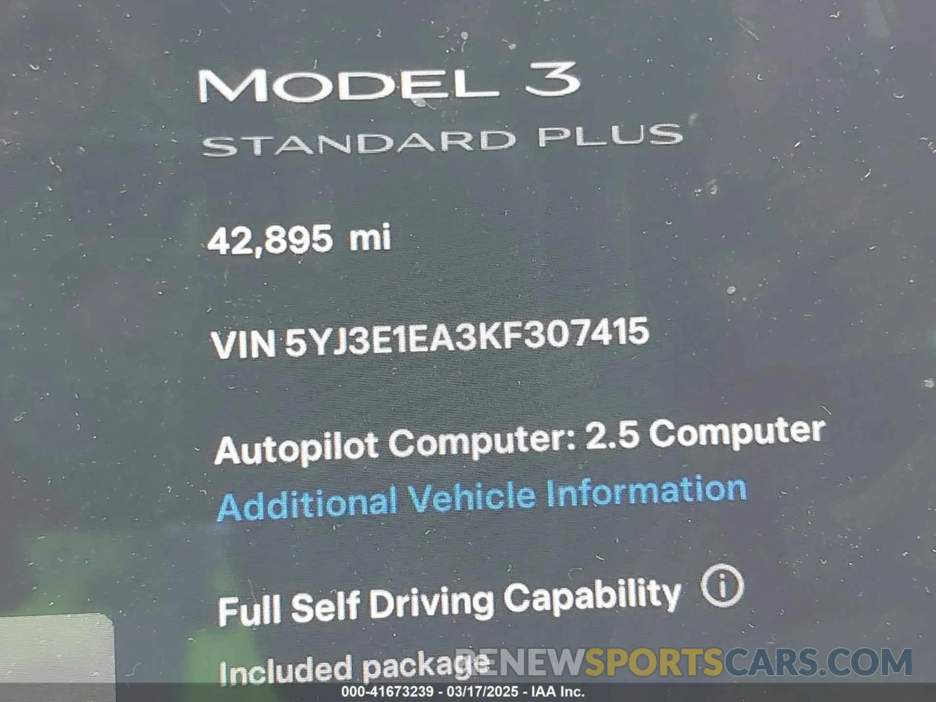 15 fotografías del automóvil dañado 5YJ3E1EA3KF307415 TESLA MODEL 3 2019