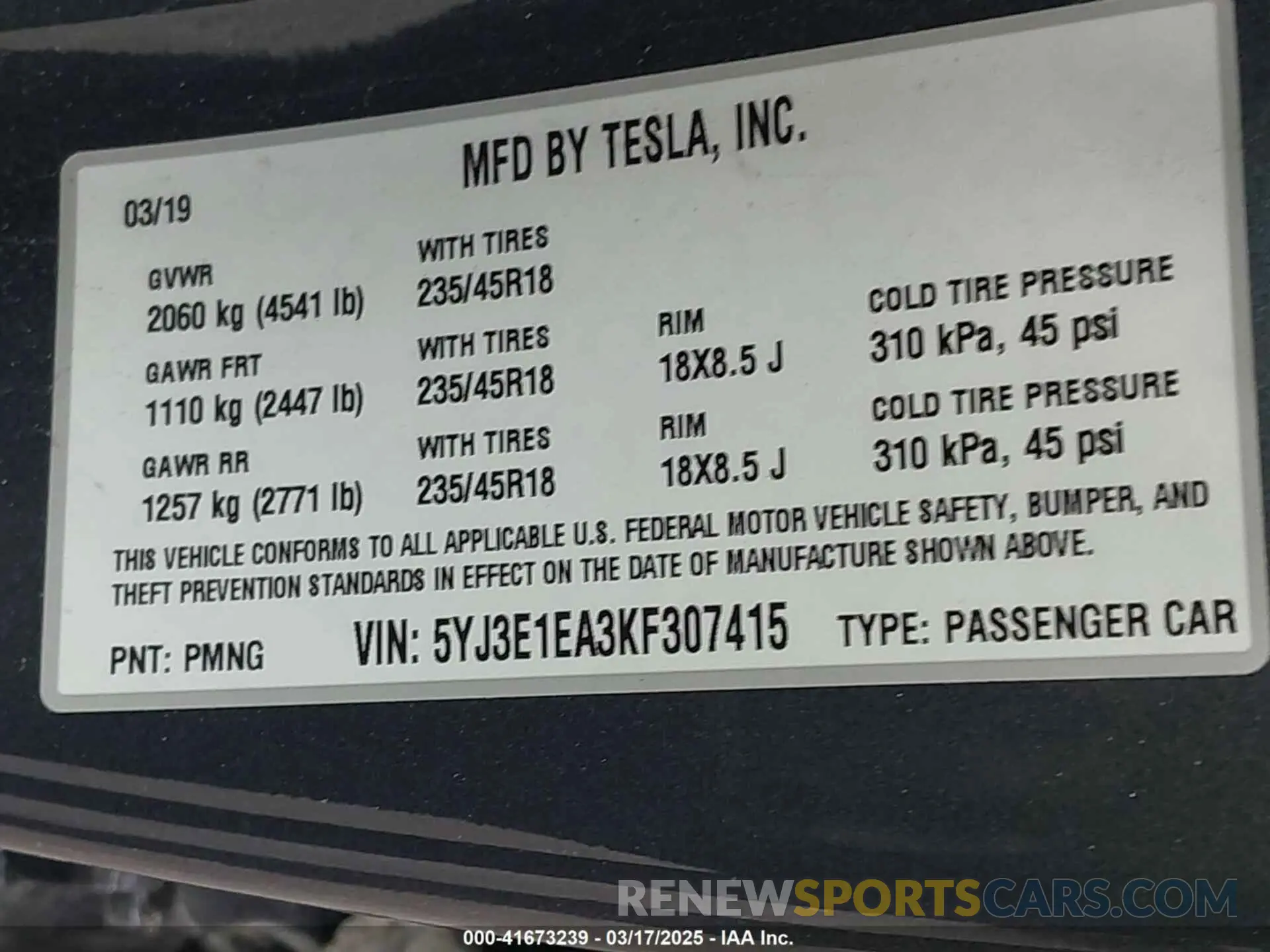 9 fotografías del automóvil dañado 5YJ3E1EA3KF307415 TESLA MODEL 3 2019