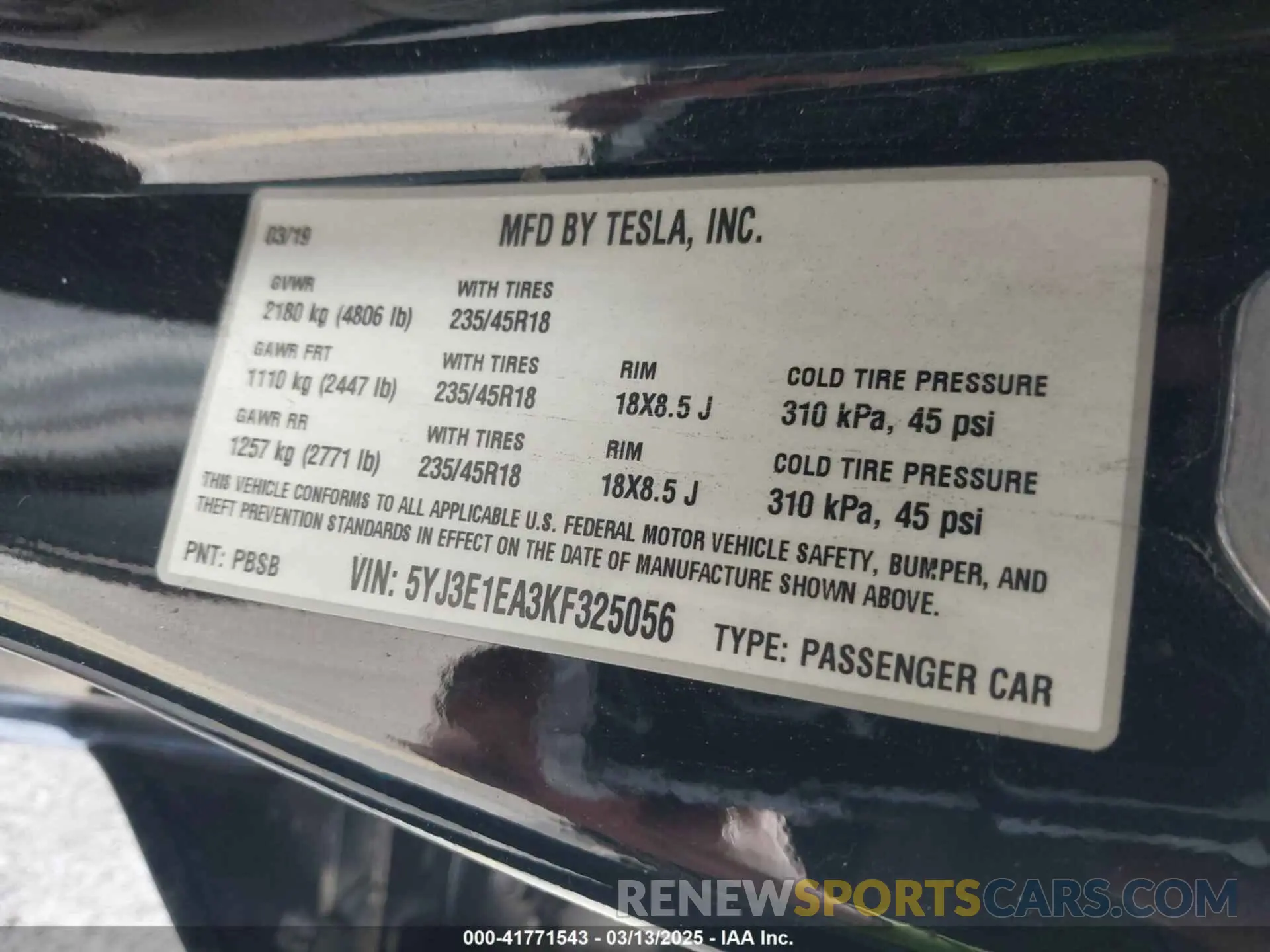 9 fotografías del automóvil dañado 5YJ3E1EA3KF325056 TESLA MODEL 3 2019