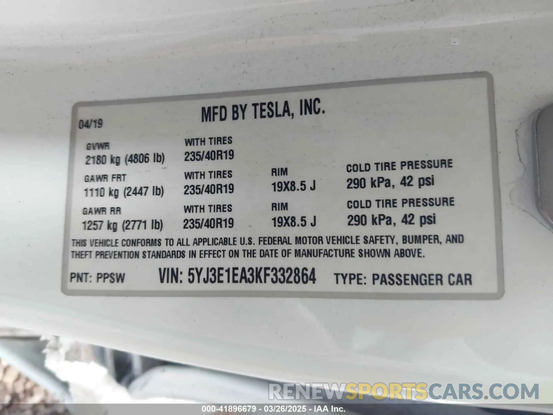 9 fotografías del automóvil dañado 5YJ3E1EA3KF332864 TESLA MODEL 3 2019