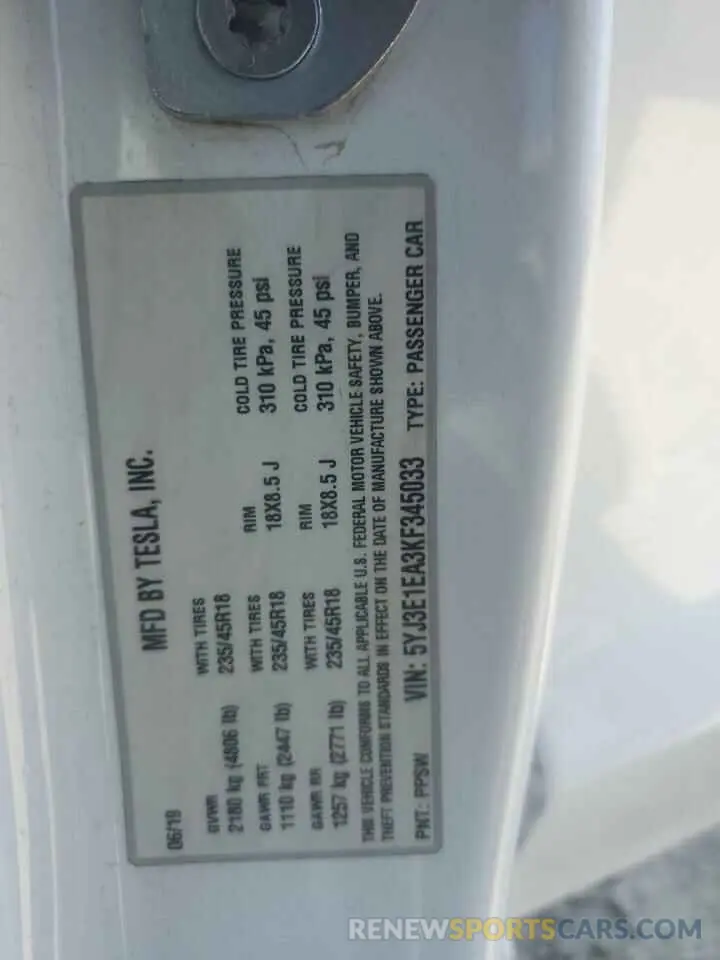 15 fotografías del automóvil dañado 5YJ3E1EA3KF345033 TESLA MODEL 3 2019