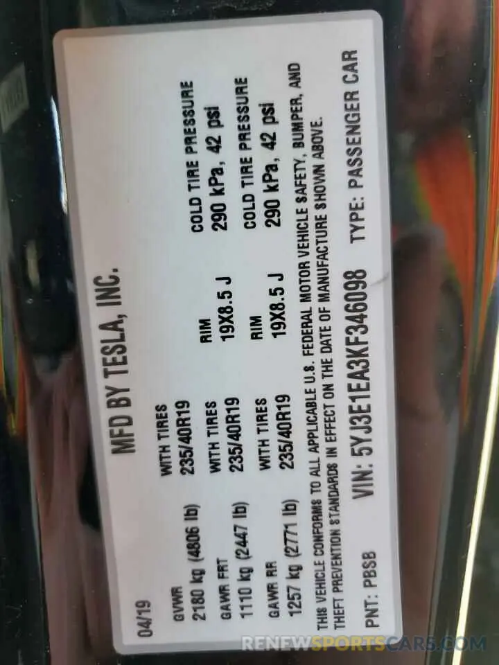 14 fotografías del automóvil dañado 5YJ3E1EA3KF346098 TESLA MODEL 3 2019