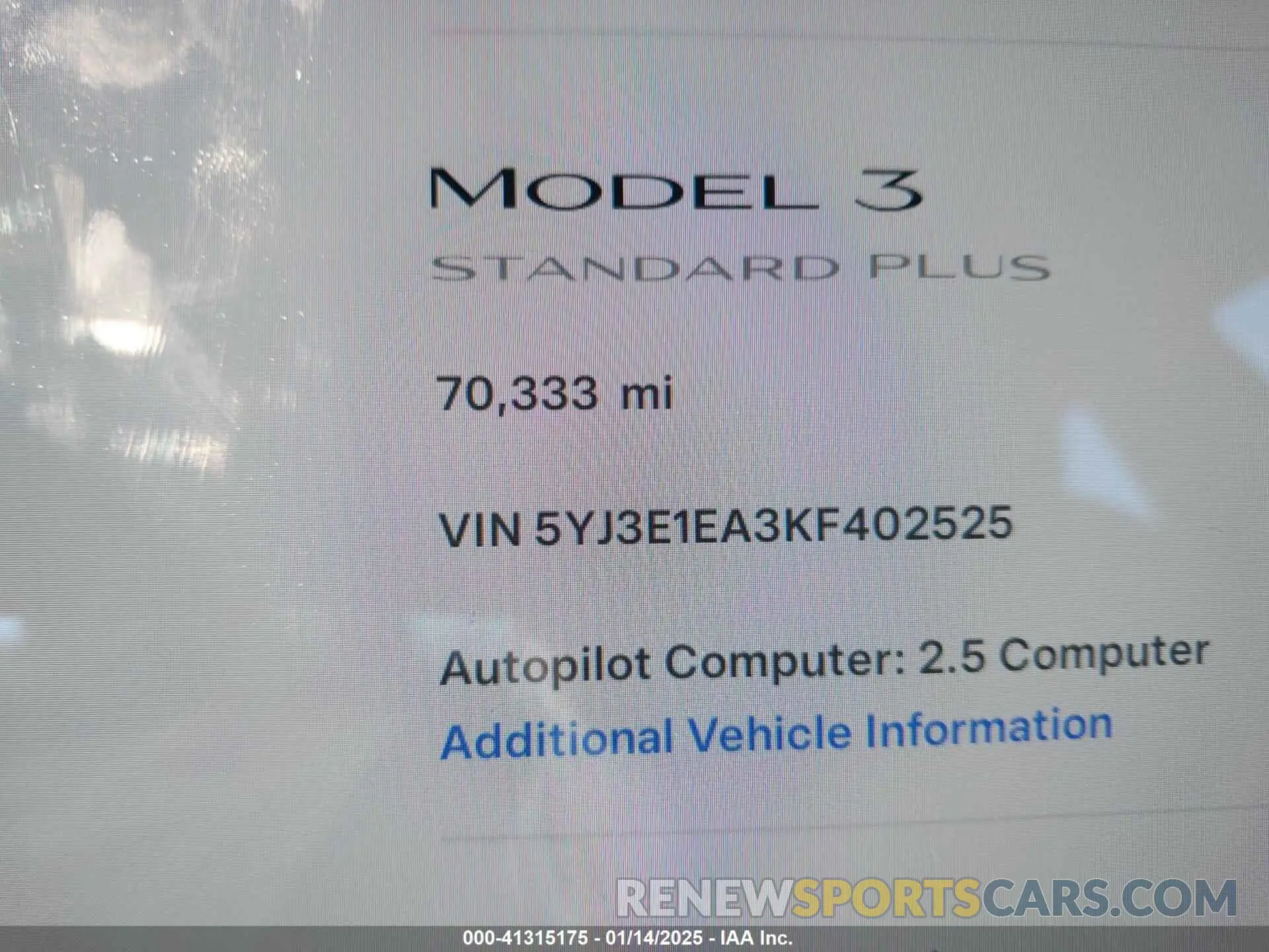 15 fotografías del automóvil dañado 5YJ3E1EA3KF402525 TESLA MODEL 3 2019