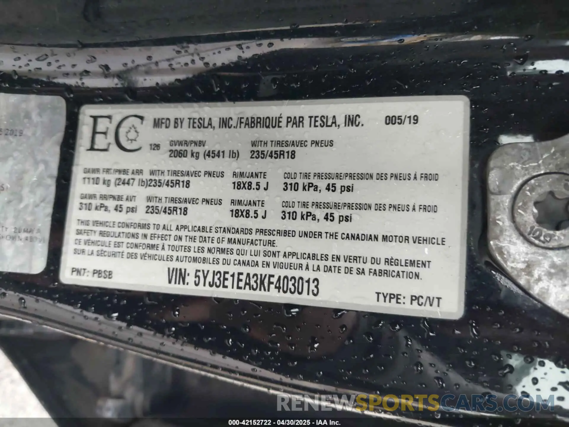 9 fotografías del automóvil dañado 5YJ3E1EA3KF403013 TESLA MODEL 3 2019