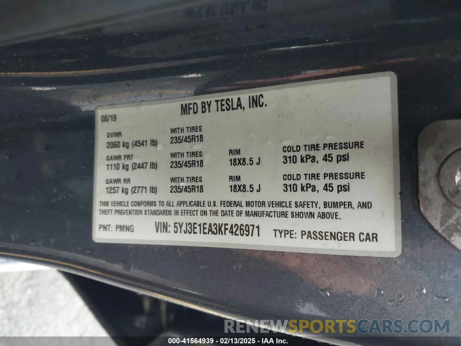 9 fotografías del automóvil dañado 5YJ3E1EA3KF426971 TESLA MODEL 3 2019