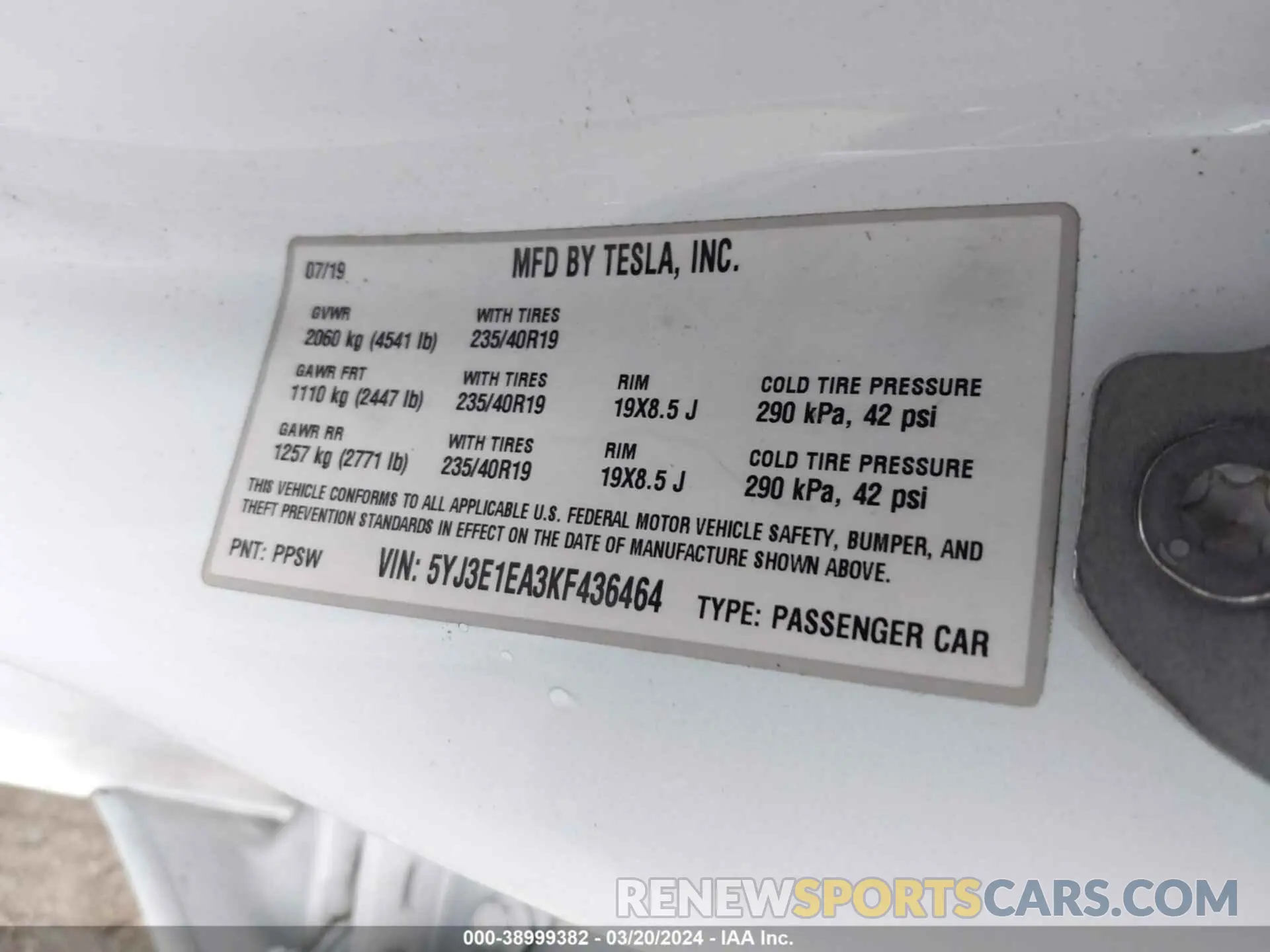 9 fotografías del automóvil dañado 5YJ3E1EA3KF436464 TESLA MODEL 3 2019