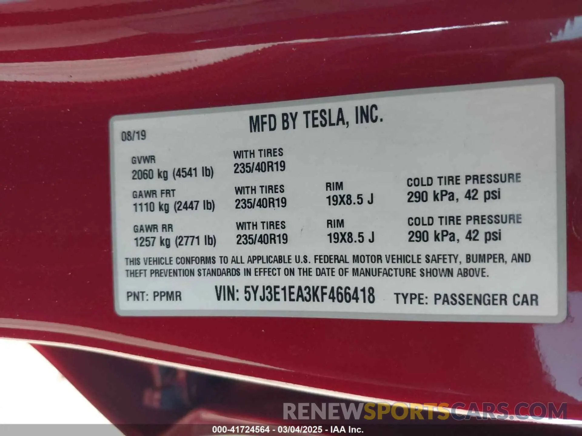 9 fotografías del automóvil dañado 5YJ3E1EA3KF466418 TESLA MODEL 3 2019
