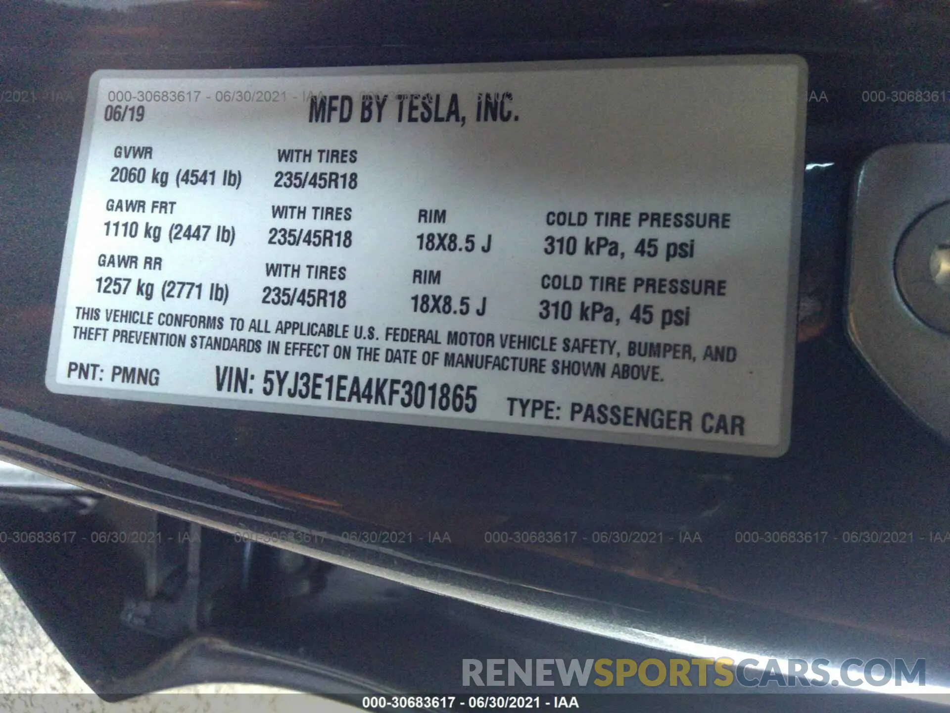 9 fotografías del automóvil dañado 5YJ3E1EA4KF301865 TESLA MODEL 3 2019