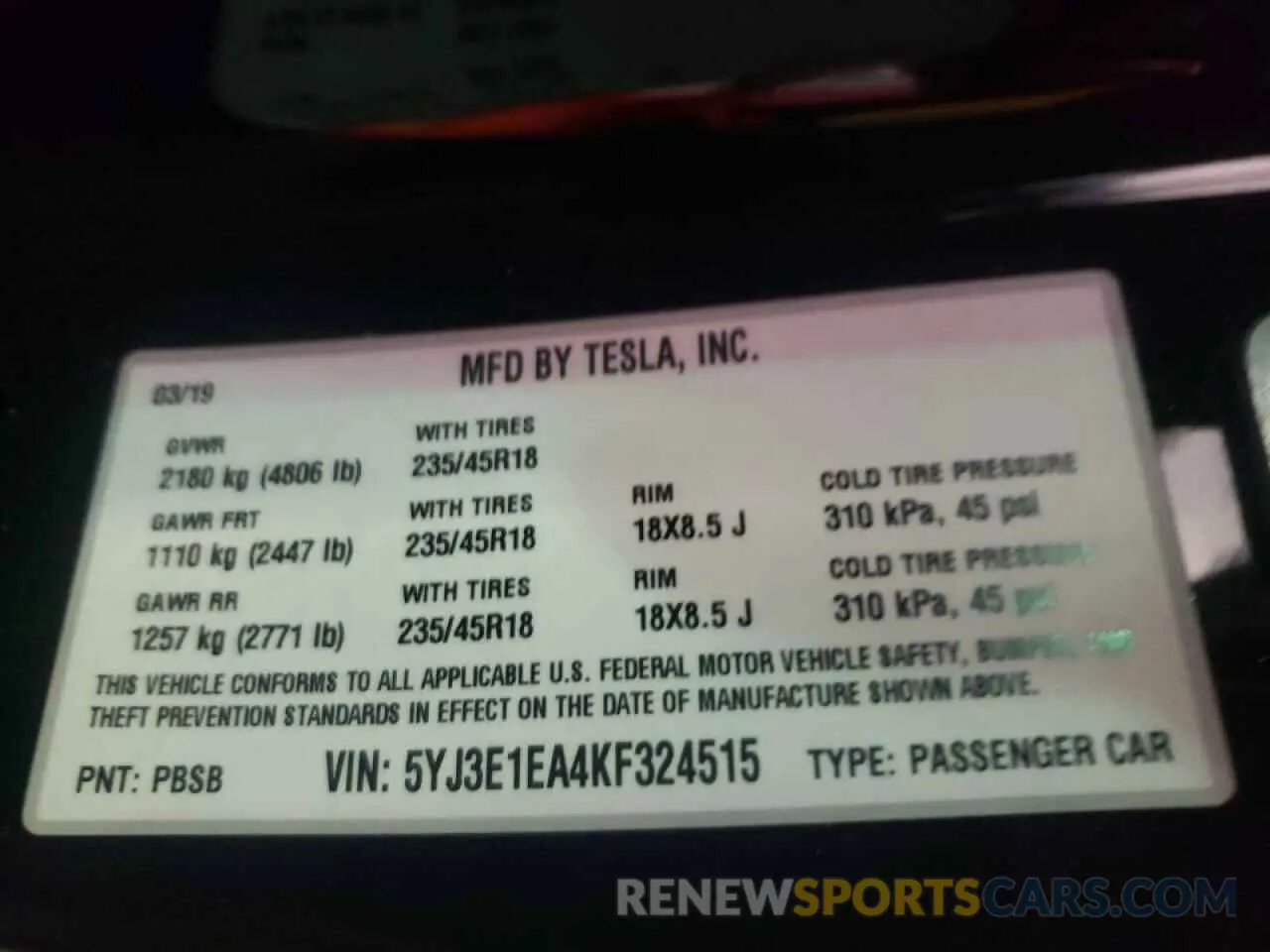 10 fotografías del automóvil dañado 5YJ3E1EA4KF324515 TESLA MODEL 3 2019