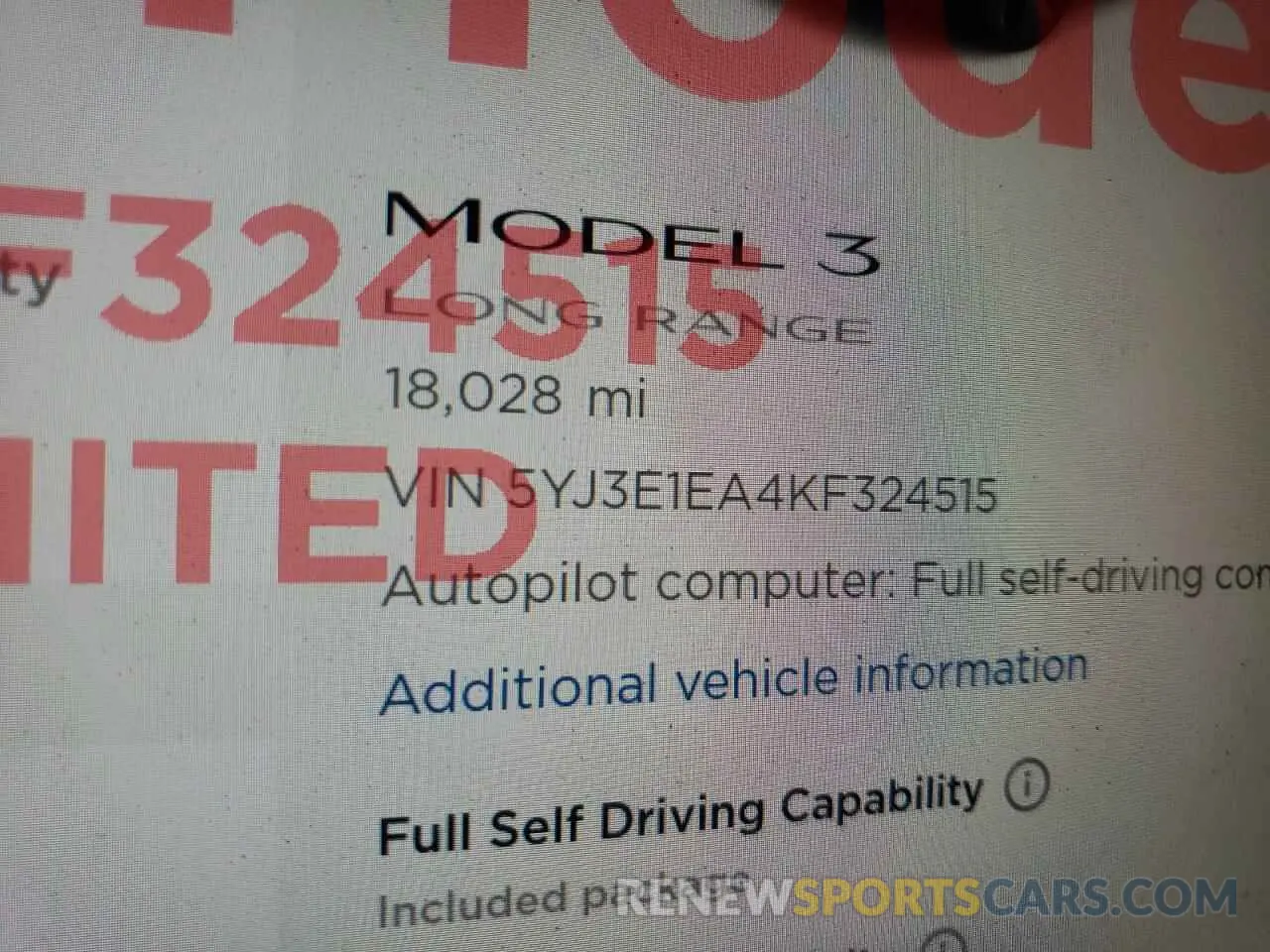 8 fotografías del automóvil dañado 5YJ3E1EA4KF324515 TESLA MODEL 3 2019