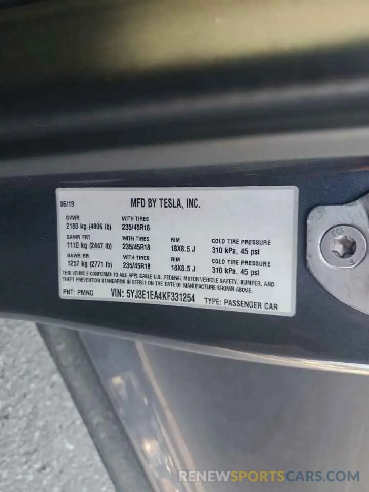 12 fotografías del automóvil dañado 5YJ3E1EA4KF331254 TESLA MODEL 3 2019