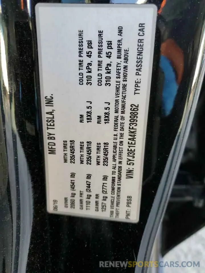 12 fotografías del automóvil dañado 5YJ3E1EA4KF399862 TESLA MODEL 3 2019