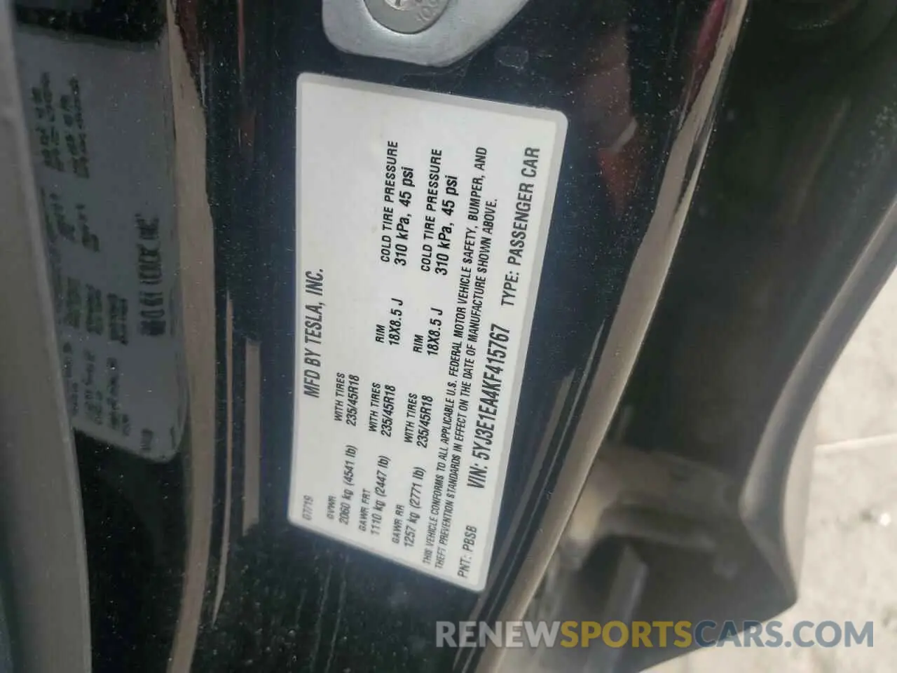 12 fotografías del automóvil dañado 5YJ3E1EA4KF415767 TESLA MODEL 3 2019