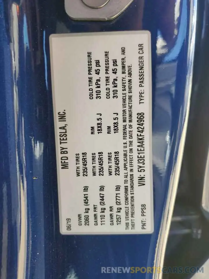 12 fotografías del automóvil dañado 5YJ3E1EA4KF424968 TESLA MODEL 3 2019