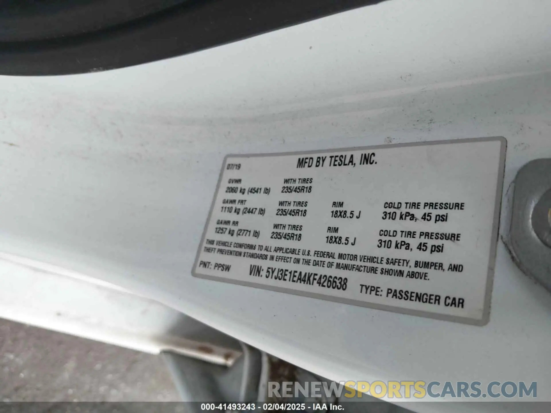9 fotografías del automóvil dañado 5YJ3E1EA4KF426638 TESLA MODEL 3 2019
