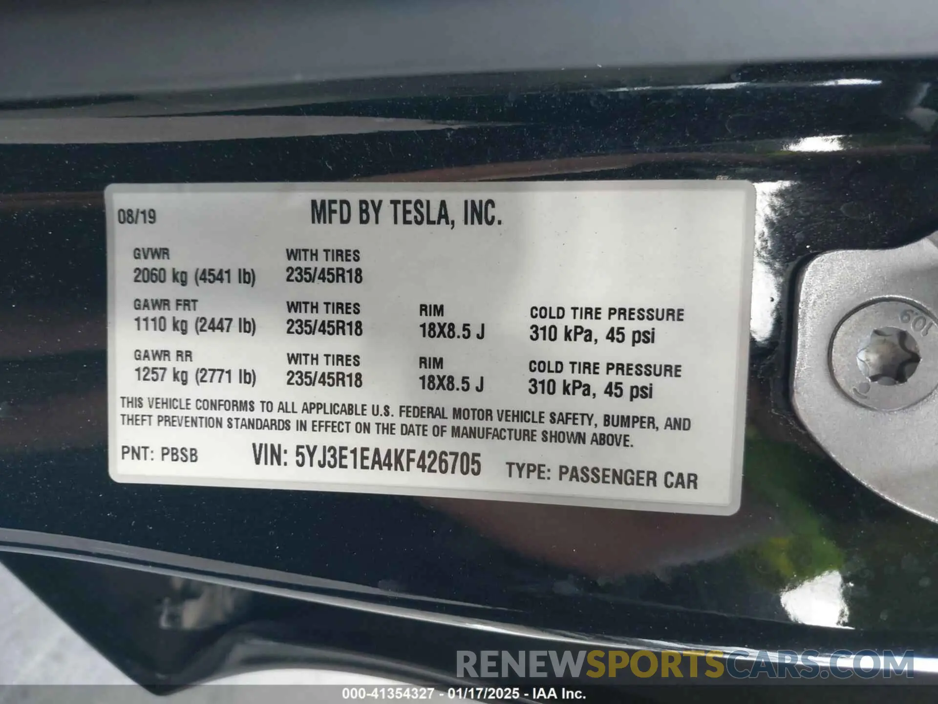 9 fotografías del automóvil dañado 5YJ3E1EA4KF426705 TESLA MODEL 3 2019
