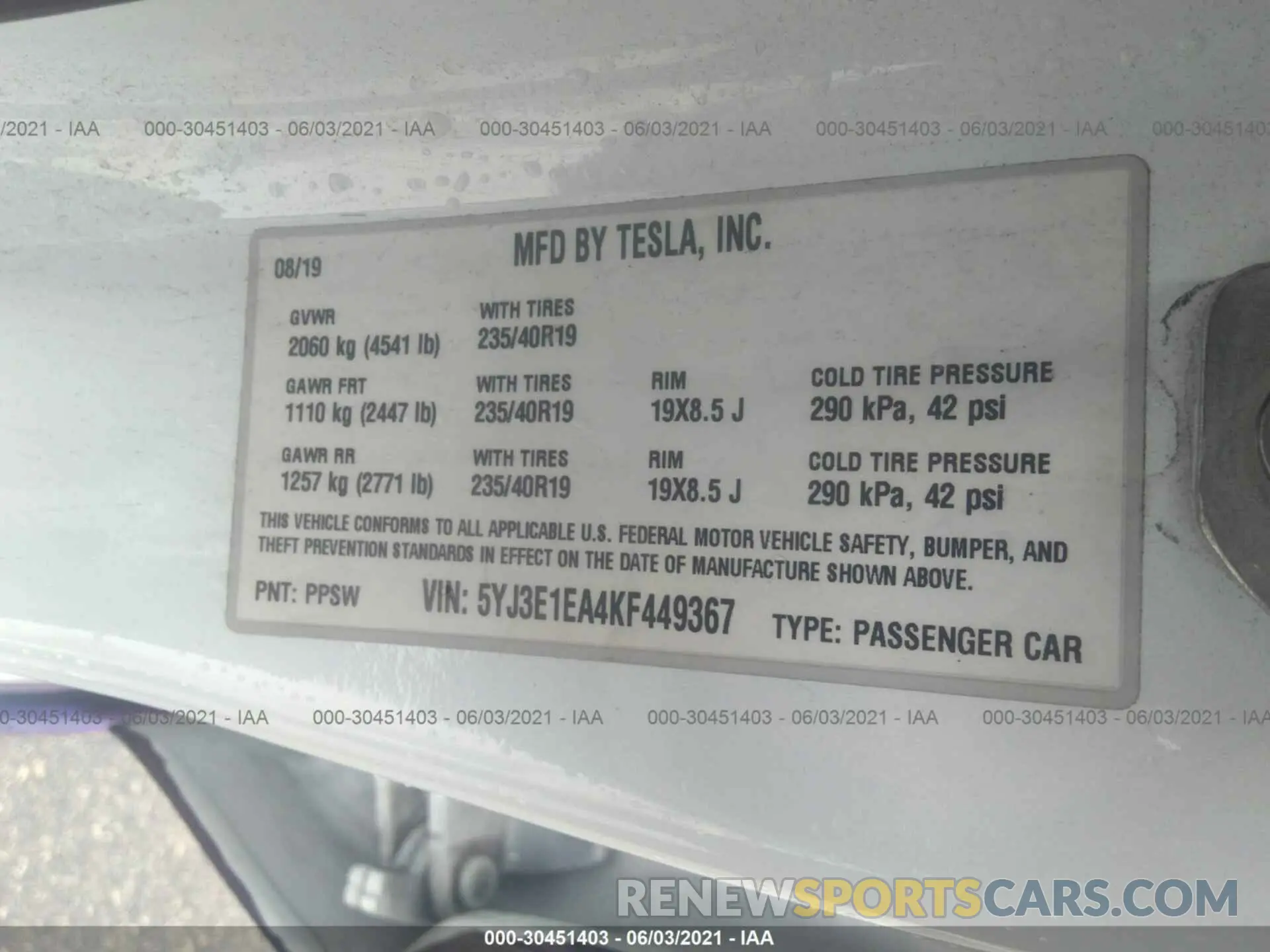 9 fotografías del automóvil dañado 5YJ3E1EA4KF449367 TESLA MODEL 3 2019