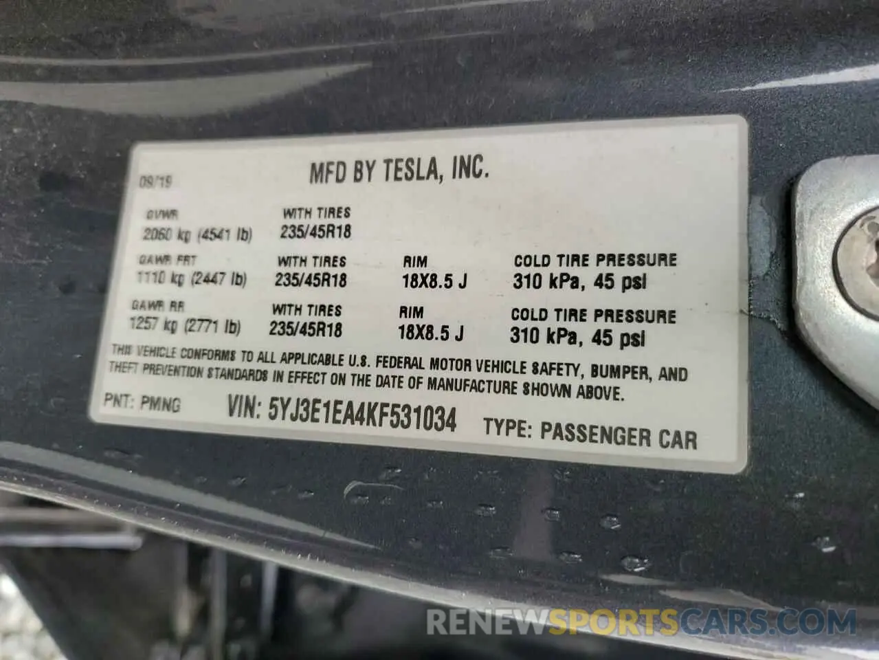 12 fotografías del automóvil dañado 5YJ3E1EA4KF531034 TESLA MODEL 3 2019