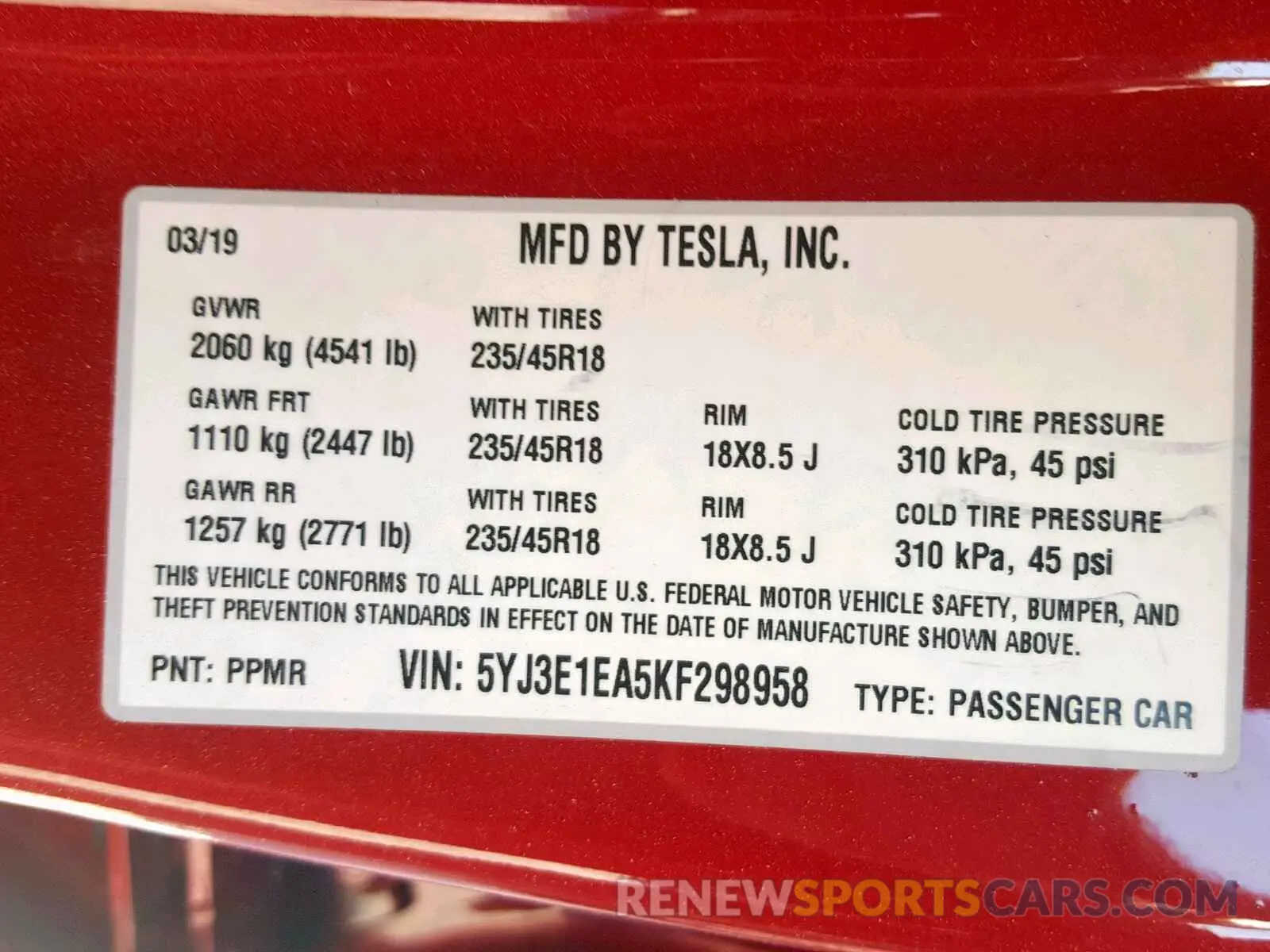 10 fotografías del automóvil dañado 5YJ3E1EA5KF298958 TESLA MODEL 3 2019
