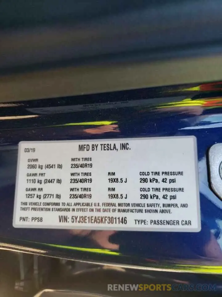 10 fotografías del automóvil dañado 5YJ3E1EA5KF301146 TESLA MODEL 3 2019
