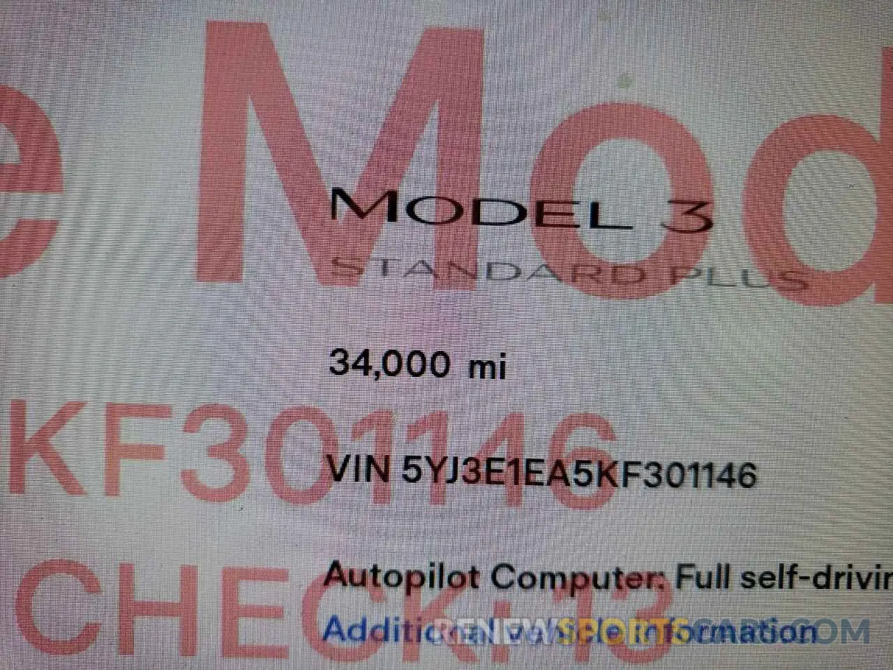 8 fotografías del automóvil dañado 5YJ3E1EA5KF301146 TESLA MODEL 3 2019