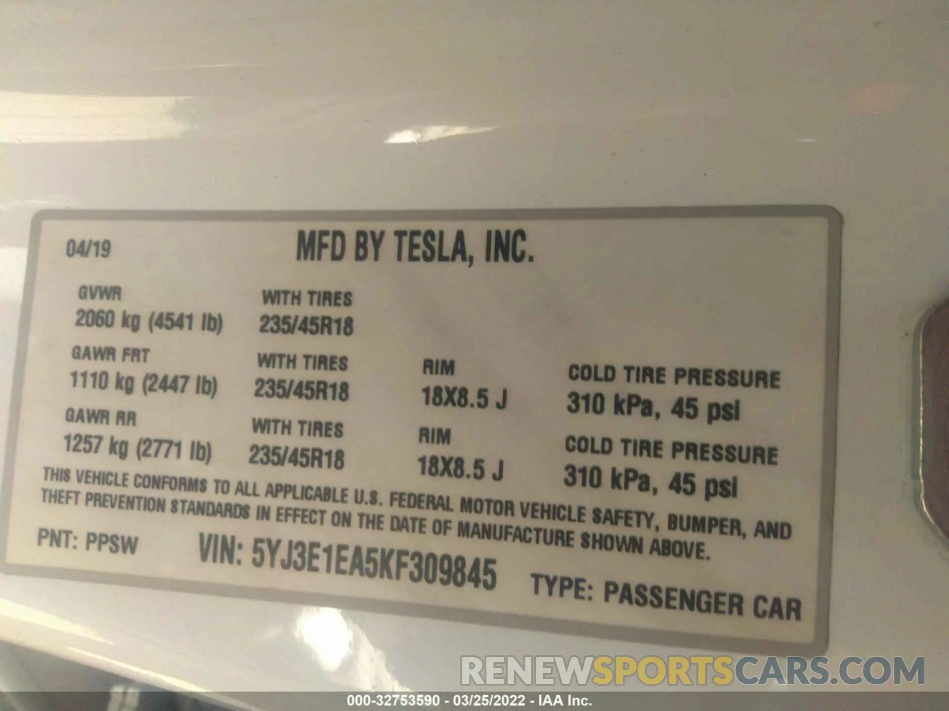 9 fotografías del automóvil dañado 5YJ3E1EA5KF309845 TESLA MODEL 3 2019