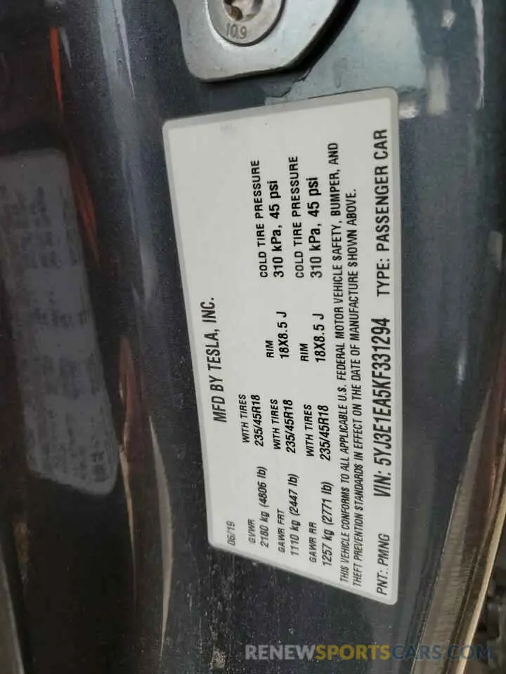 15 fotografías del automóvil dañado 5YJ3E1EA5KF331294 TESLA MODEL 3 2019
