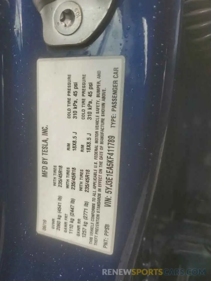 12 fotografías del automóvil dañado 5YJ3E1EA5KF411789 TESLA MODEL 3 2019