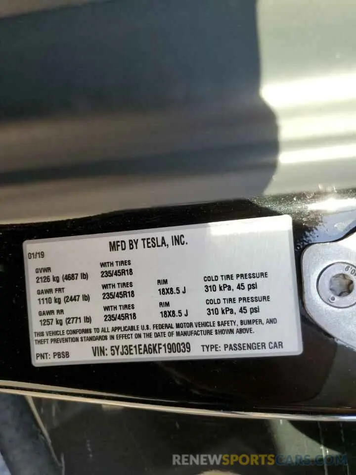 12 fotografías del automóvil dañado 5YJ3E1EA6KF190039 TESLA MODEL 3 2019