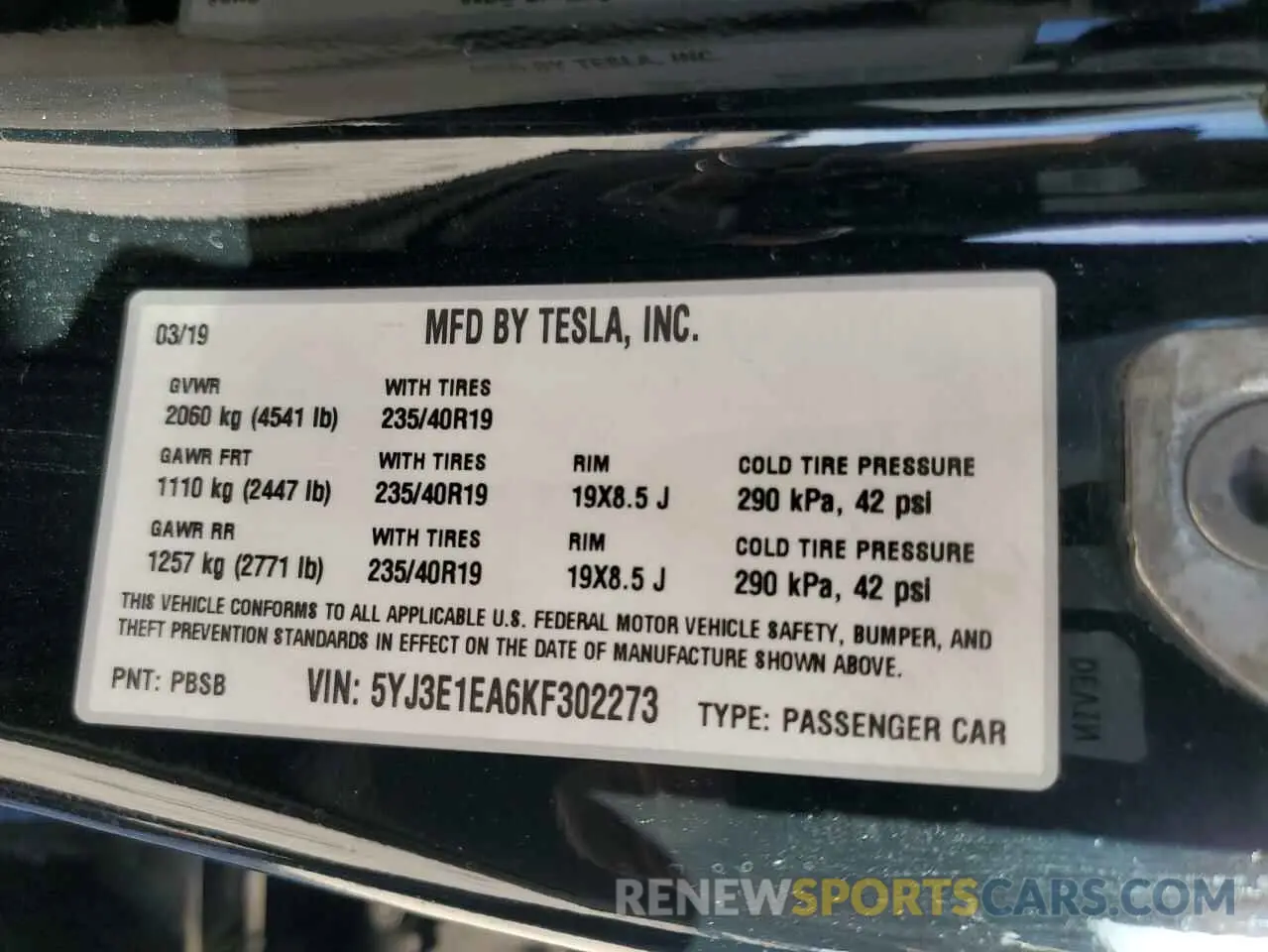 14 fotografías del automóvil dañado 5YJ3E1EA6KF302273 TESLA MODEL 3 2019