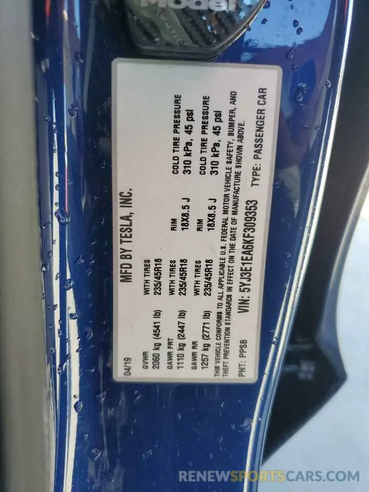 12 fotografías del automóvil dañado 5YJ3E1EA6KF309353 TESLA MODEL 3 2019