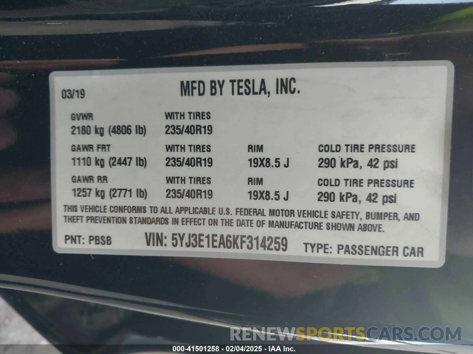 9 fotografías del automóvil dañado 5YJ3E1EA6KF314259 TESLA MODEL 3 2019