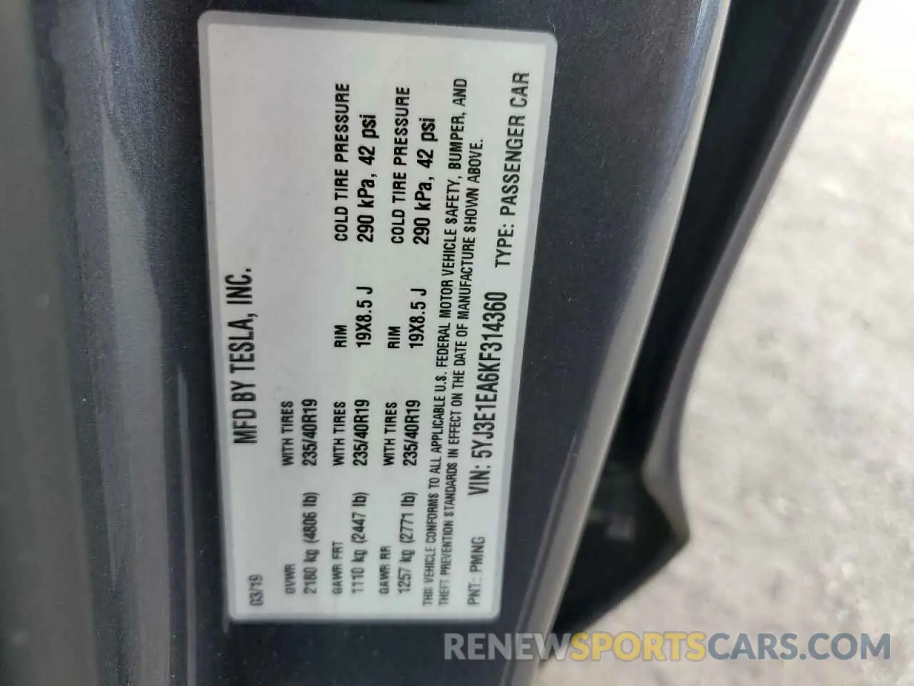 12 fotografías del automóvil dañado 5YJ3E1EA6KF314360 TESLA MODEL 3 2019