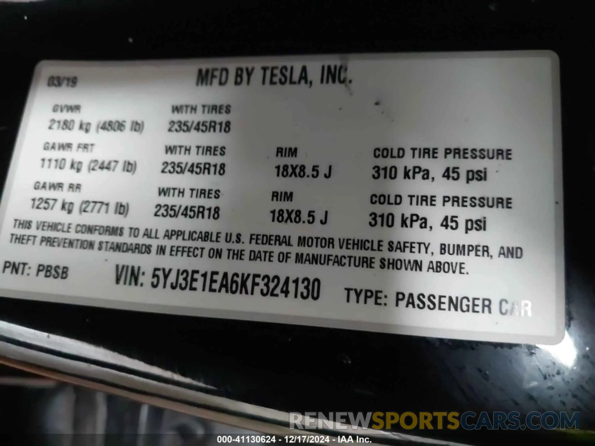 9 fotografías del automóvil dañado 5YJ3E1EA6KF324130 TESLA MODEL 3 2019