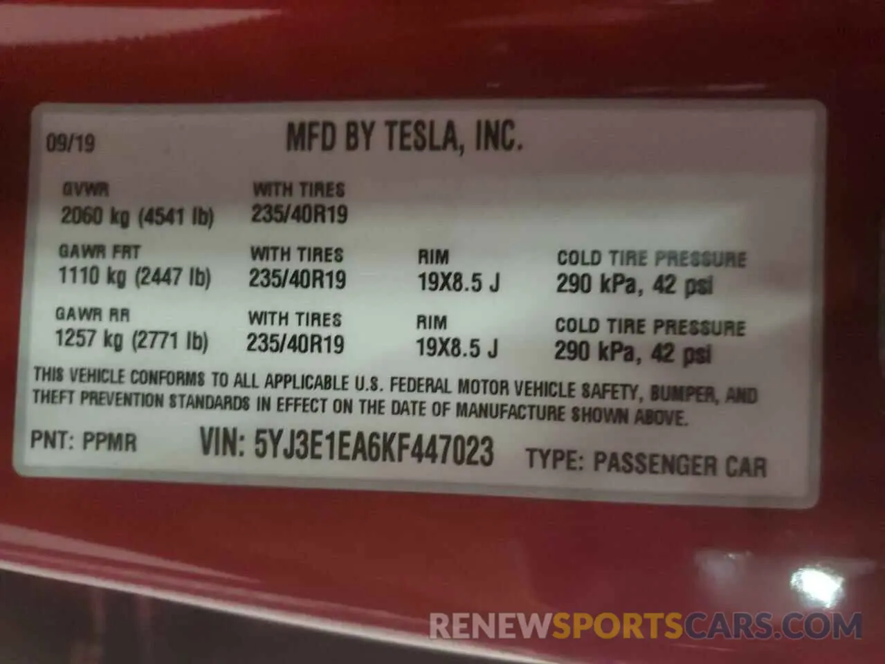 13 fotografías del automóvil dañado 5YJ3E1EA6KF447023 TESLA MODEL 3 2019