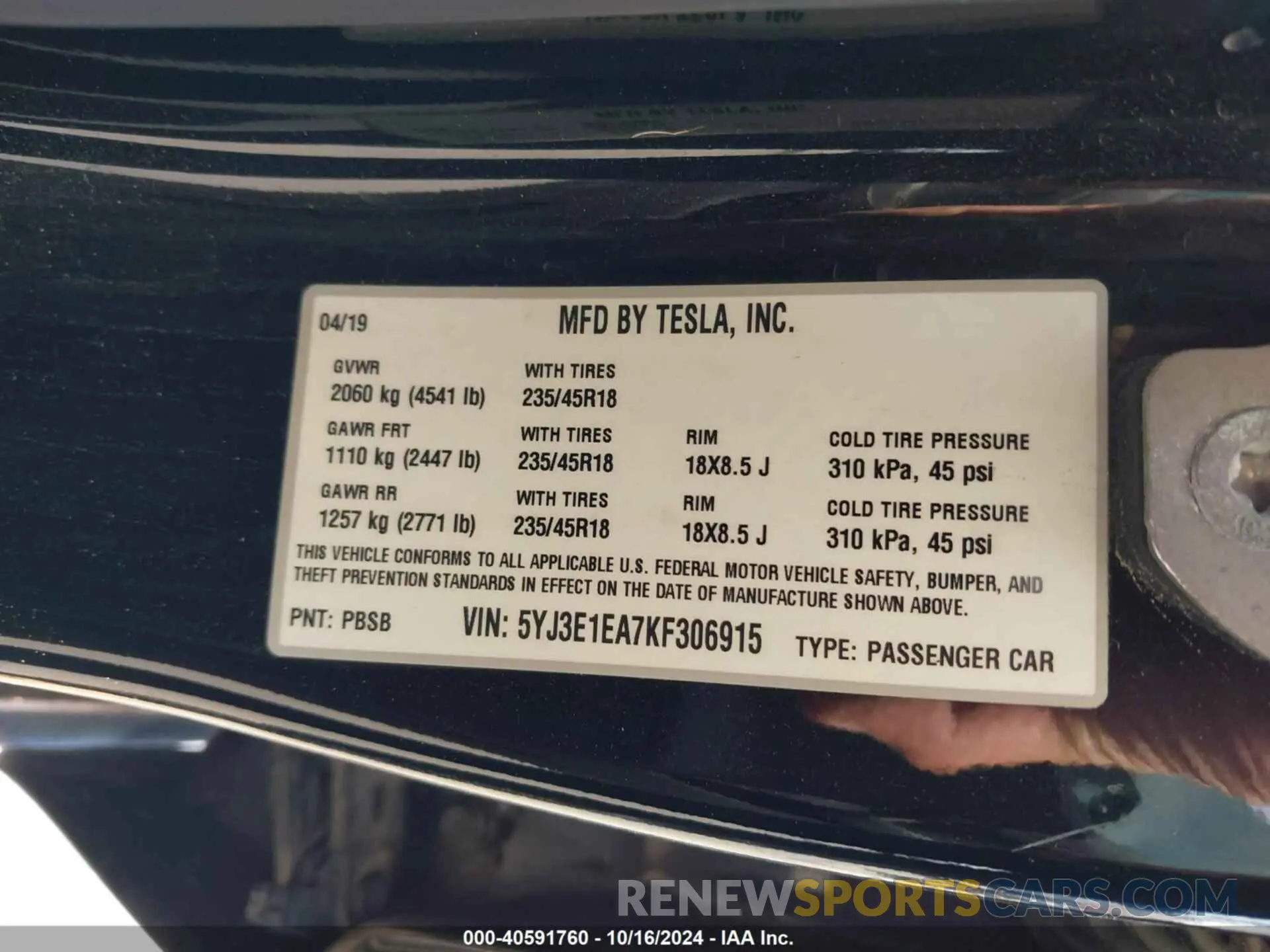9 fotografías del automóvil dañado 5YJ3E1EA7KF306915 TESLA MODEL 3 2019