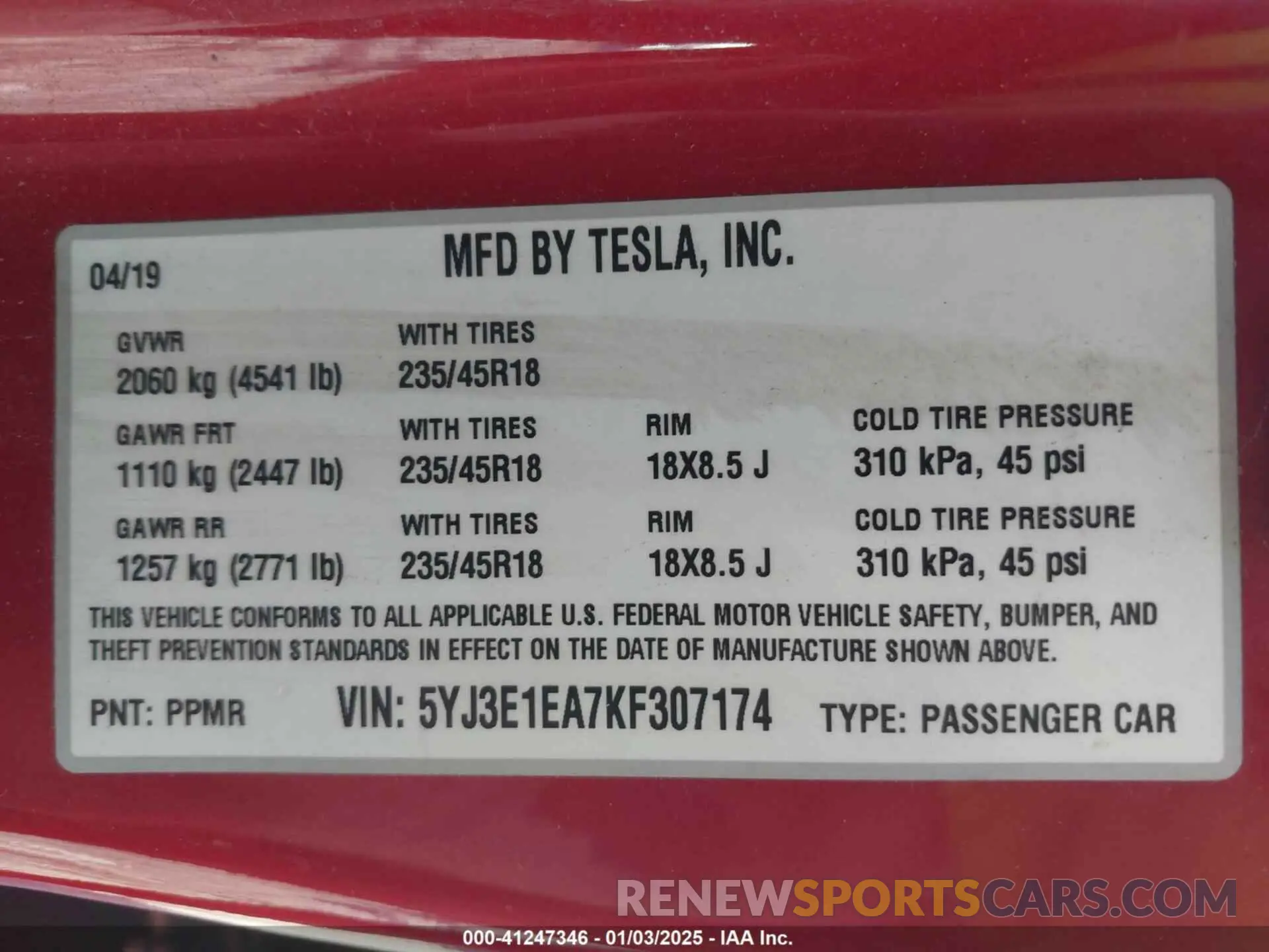 9 fotografías del automóvil dañado 5YJ3E1EA7KF307174 TESLA MODEL 3 2019
