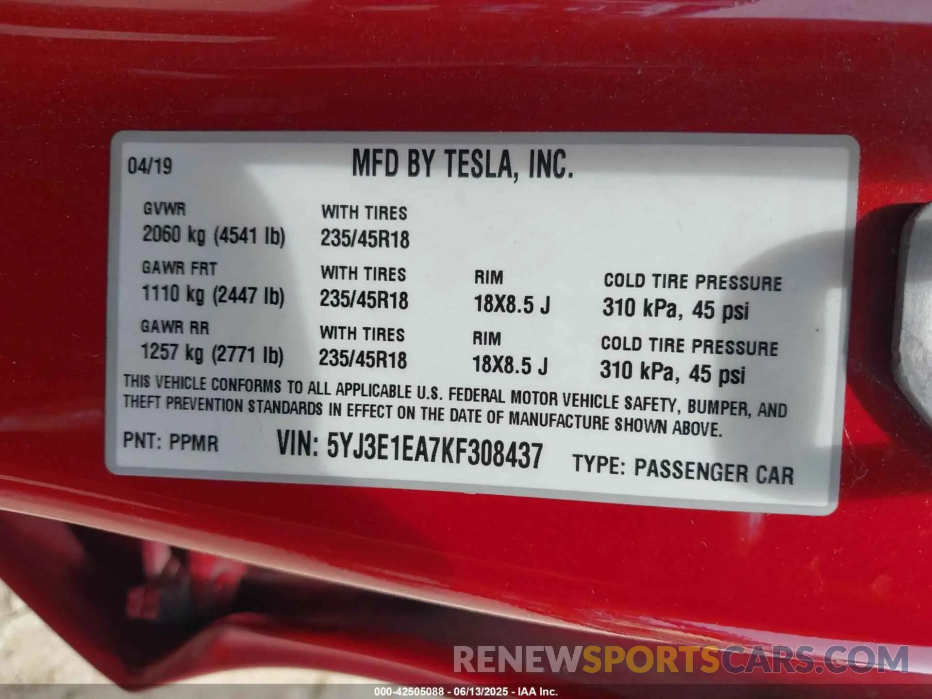 9 fotografías del automóvil dañado 5YJ3E1EA7KF308437 TESLA MODEL 3 2019