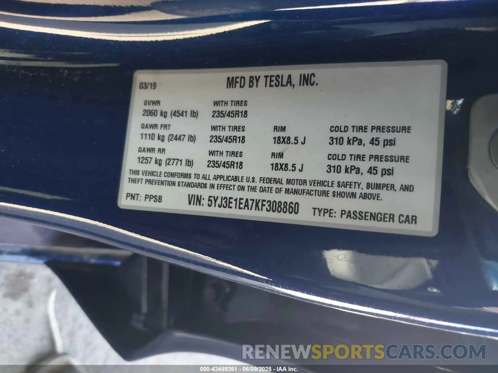9 fotografías del automóvil dañado 5YJ3E1EA7KF308860 TESLA MODEL 3 2019