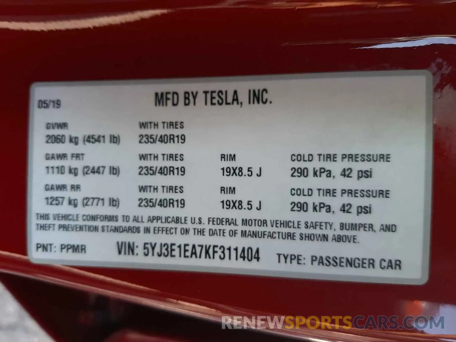 10 fotografías del automóvil dañado 5YJ3E1EA7KF311404 TESLA MODEL 3 2019
