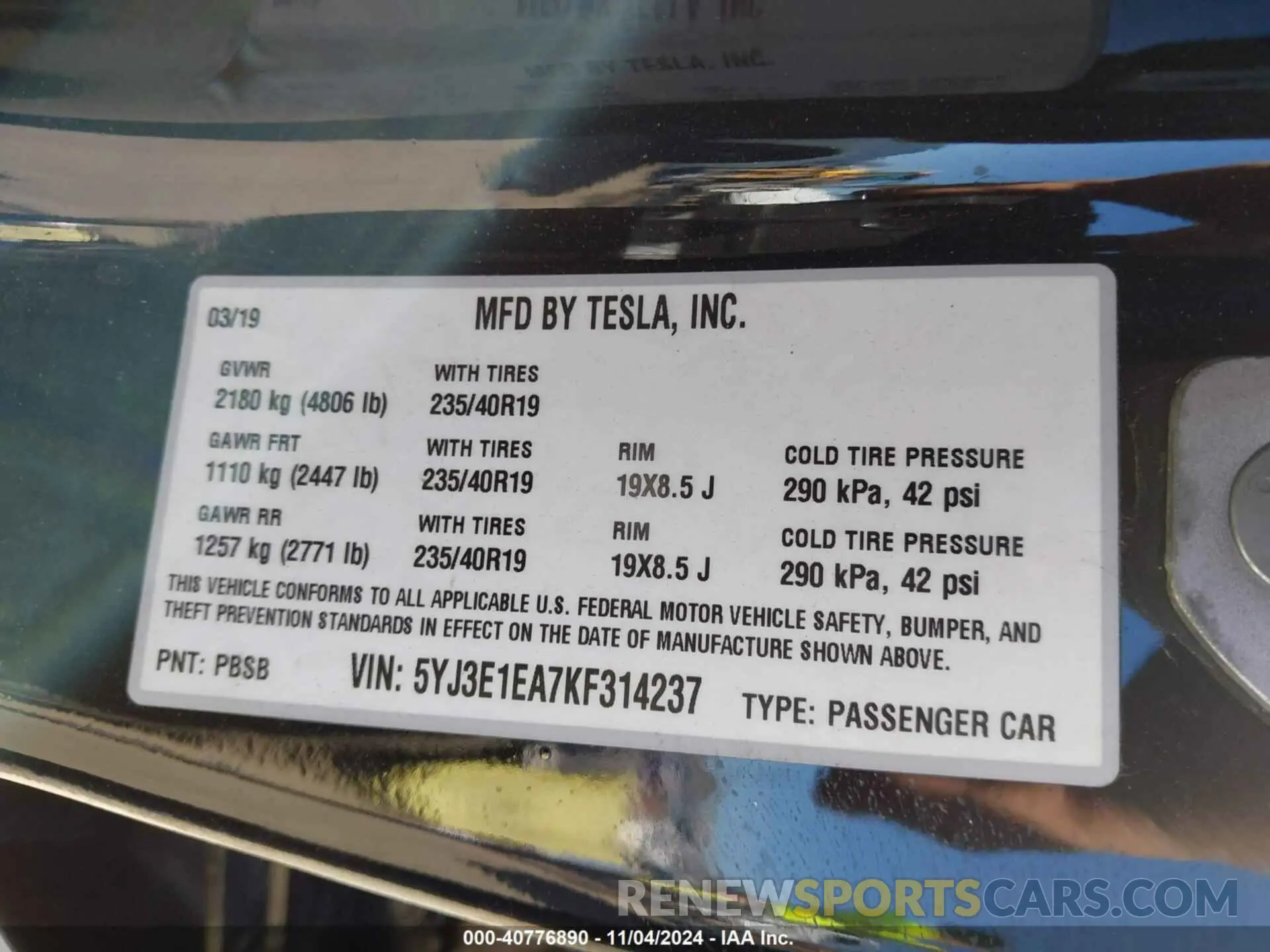 9 fotografías del automóvil dañado 5YJ3E1EA7KF314237 TESLA MODEL 3 2019