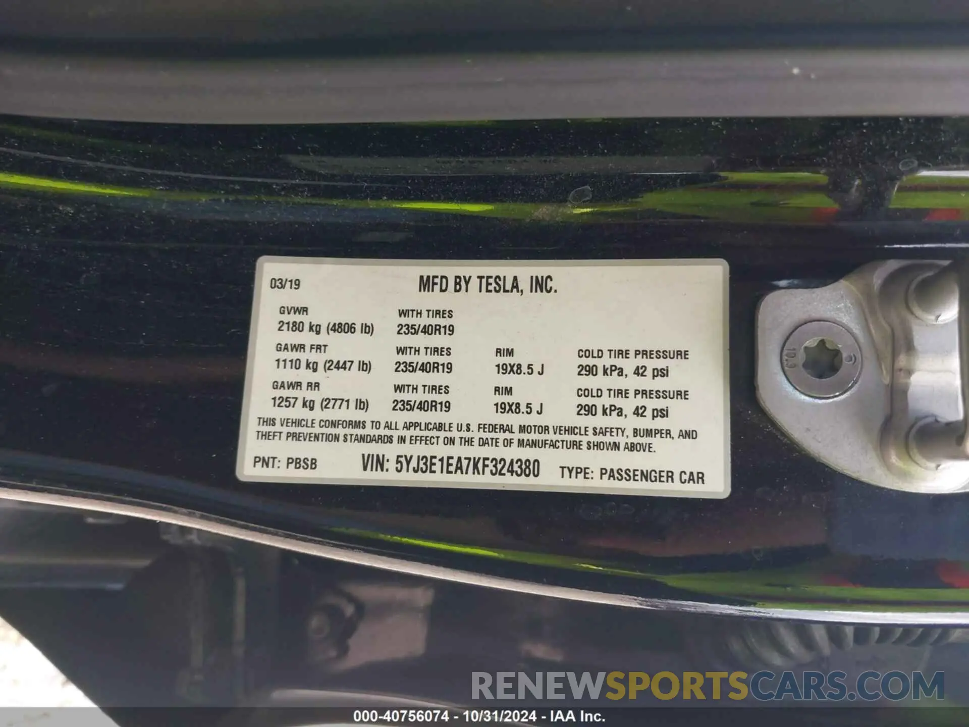 9 fotografías del automóvil dañado 5YJ3E1EA7KF324380 TESLA MODEL 3 2019