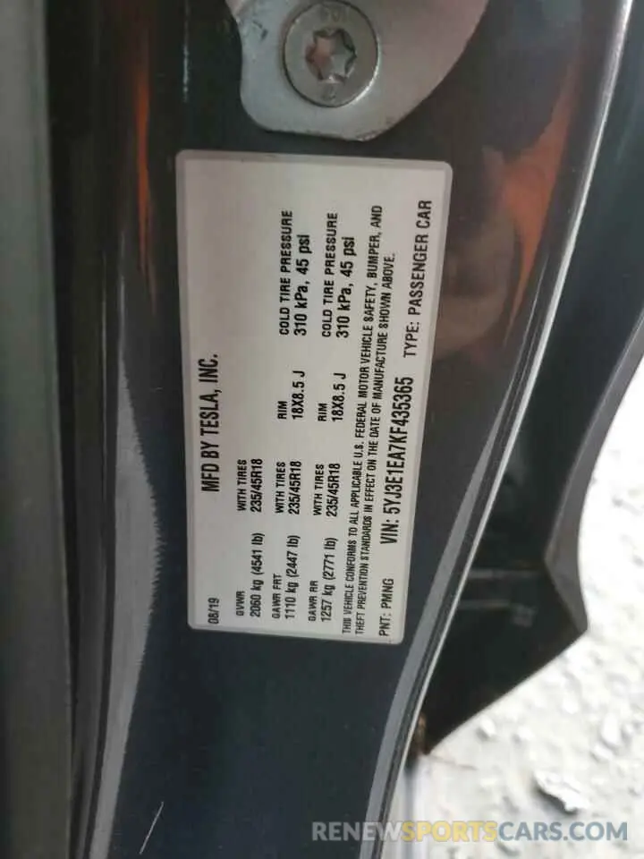 12 fotografías del automóvil dañado 5YJ3E1EA7KF435365 TESLA MODEL 3 2019